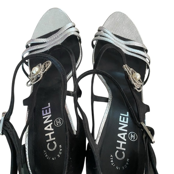 CHANEL Black and Silver Strappy Heels - Picture 7 of 11